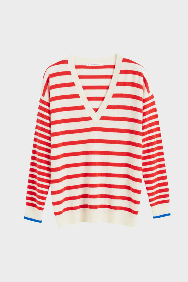 Red Striped Cashmere V Neck Sweater image 2
