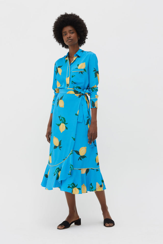 Blue Lemon Print Silk Wrap Skirt image 4