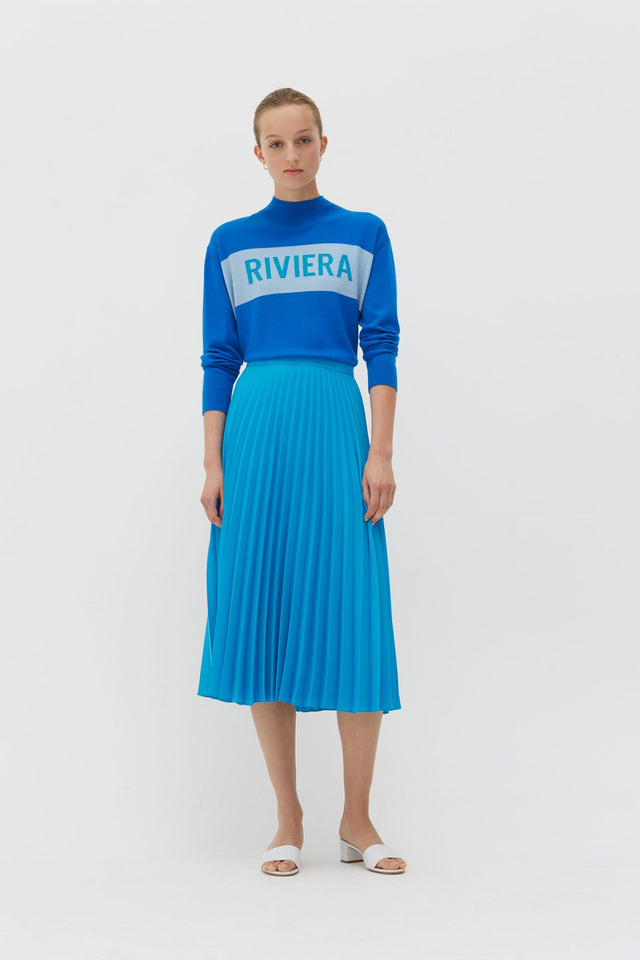 Blue Pleated Crepe de Chine Midi Skirt image 3