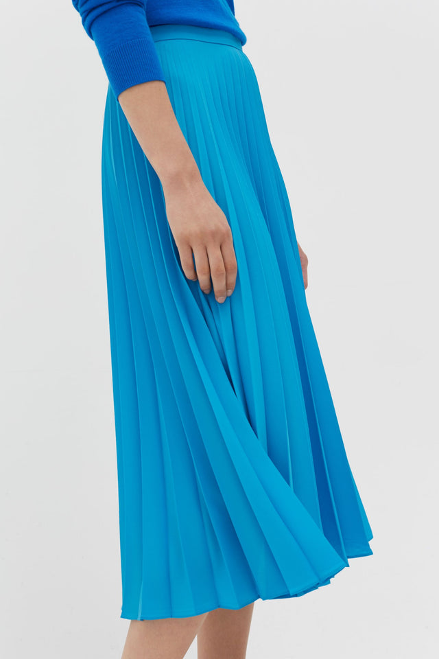 Blue Pleated Crepe de Chine Midi Skirt image 4