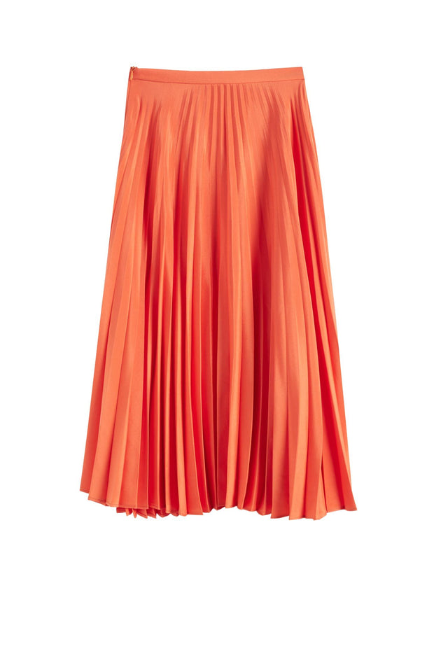 Orange Pleated Crepe de Chine Midi Skirt image 2