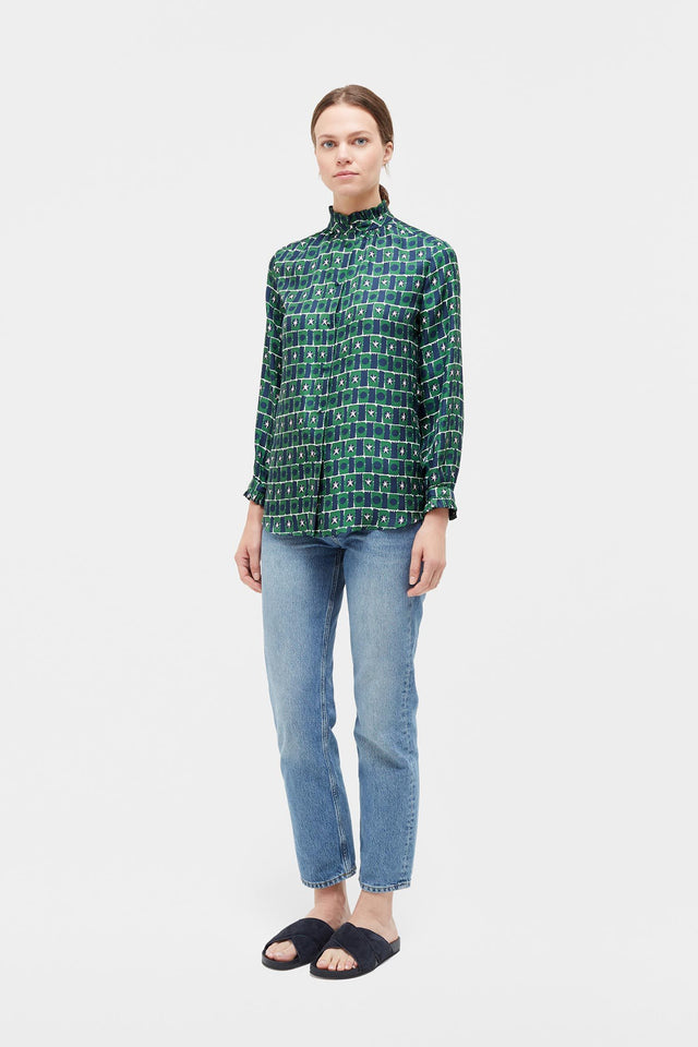 Green Starfall Frill Collar Silk Shirt image 3