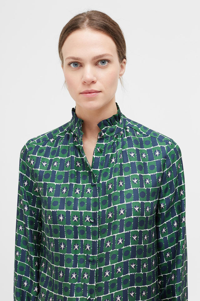 Green Starfall Frill Collar Silk Shirt image 1