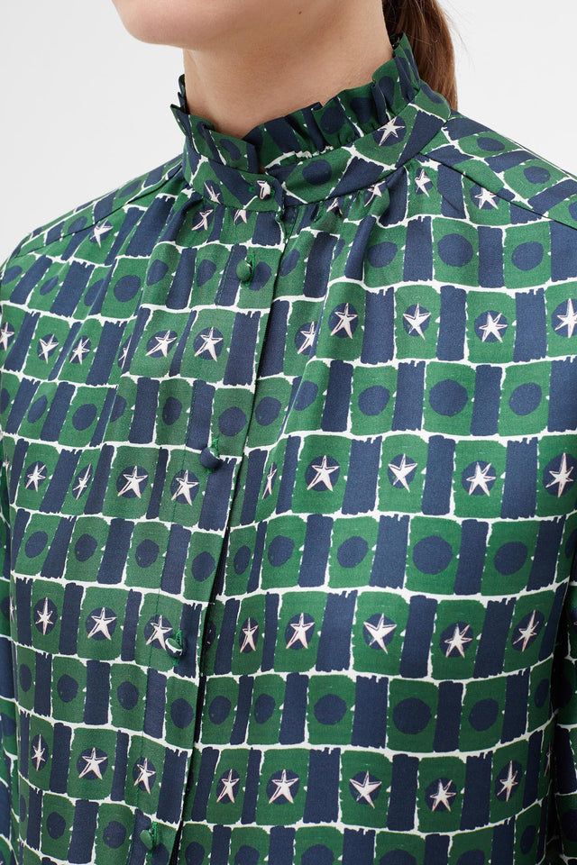 Green Starfall Frill Collar Silk Shirt image 4