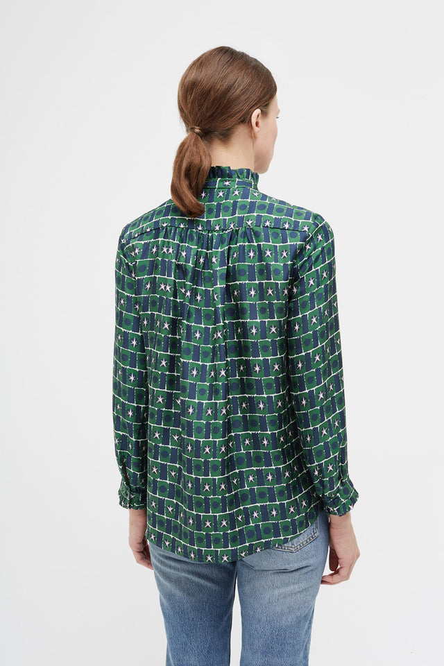 Green Starfall Frill Collar Silk Shirt image 5
