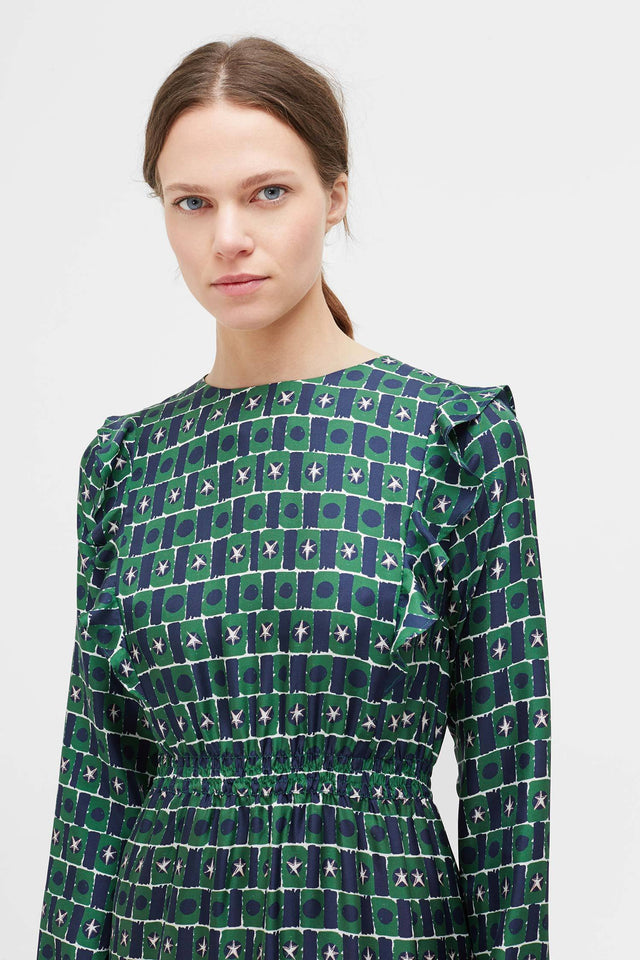 Green Starfall Frill Shoulder Silk Dress image 3