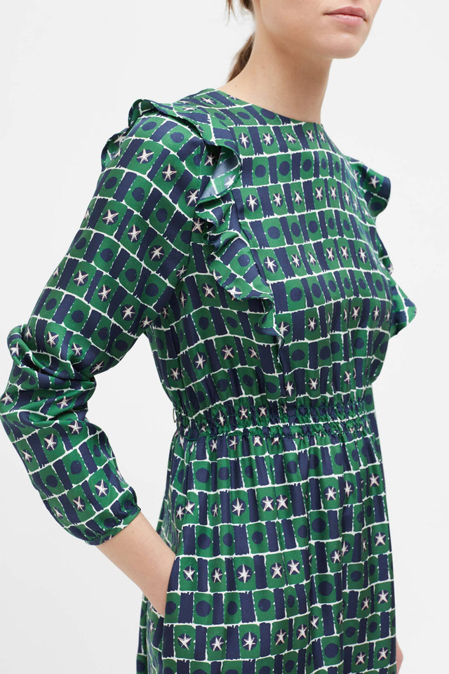 Green Starfall Frill Shoulder Silk Dress image 4