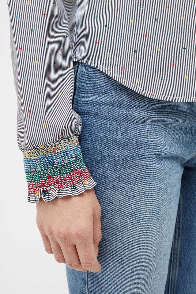 Black Star Striped Smocked Cotton Shirt image 3