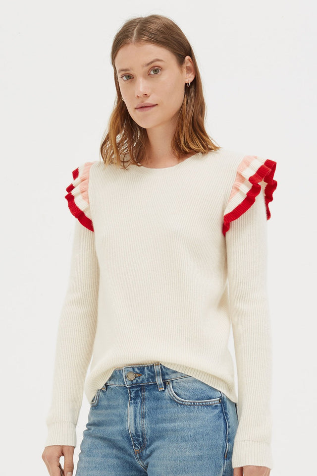 Cream Stripe Frill Cashmere Sweater image 1