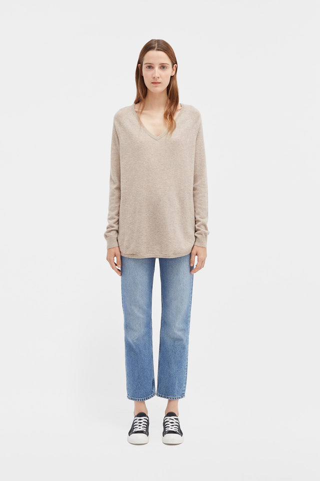 Oatmeal Cashmere V-Neck Sweater image 3
