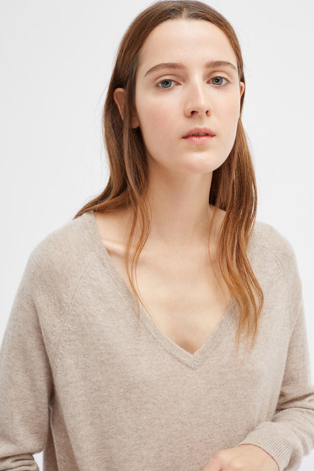 Oatmeal Cashmere V-Neck Sweater image 1