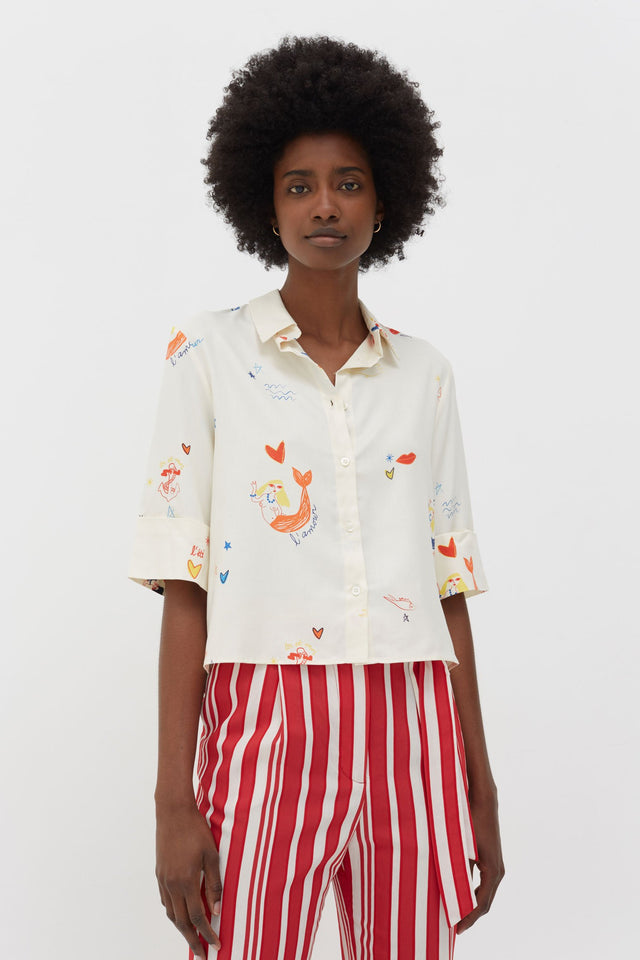 Cream Mermaid Print Silk Cropped Sleeve Shirt image 1
