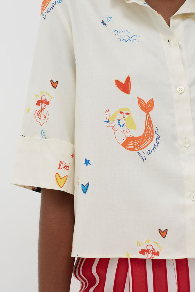 Cream Mermaid Print Silk Cropped Sleeve Shirt image 3