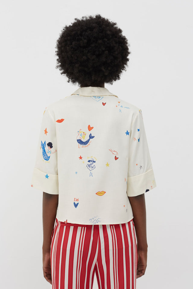 Cream Mermaid Print Silk Cropped Sleeve Shirt image 6