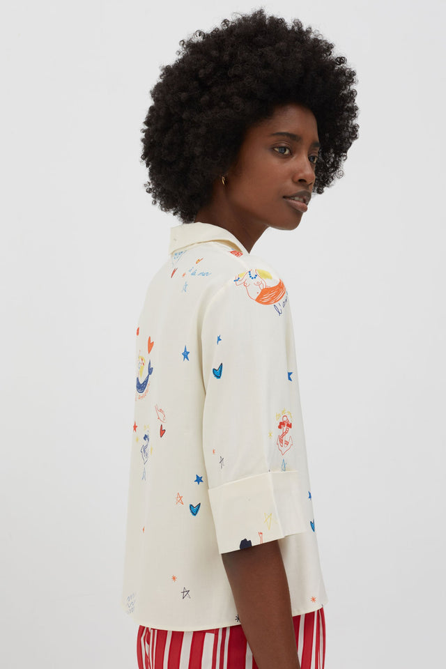 Cream Mermaid Print Silk Cropped Sleeve Shirt image 5