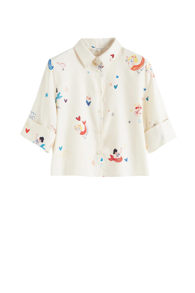 Cream Mermaid Print Silk Cropped Sleeve Shirt image 2