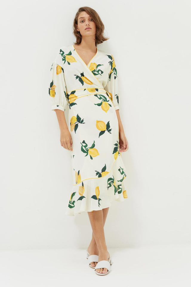 White Lemon Print Silk Wrap Dress image 3