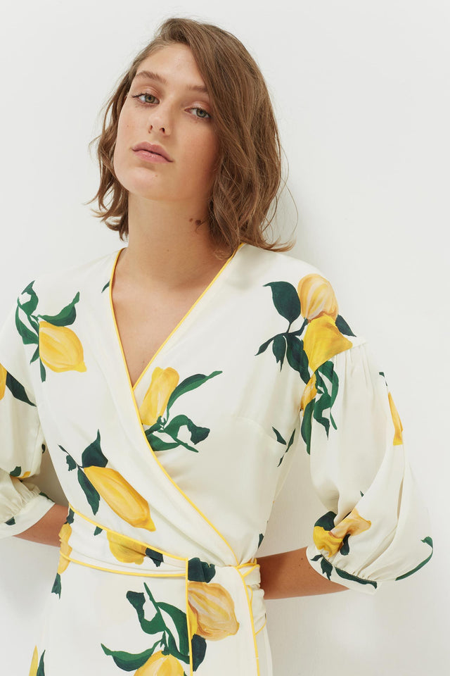 White Lemon Print Silk Wrap Dress image 4