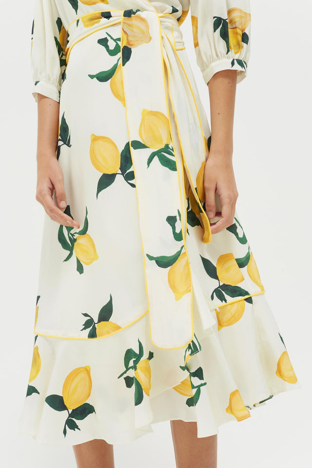 White Lemon Print Silk Wrap Dress image 5