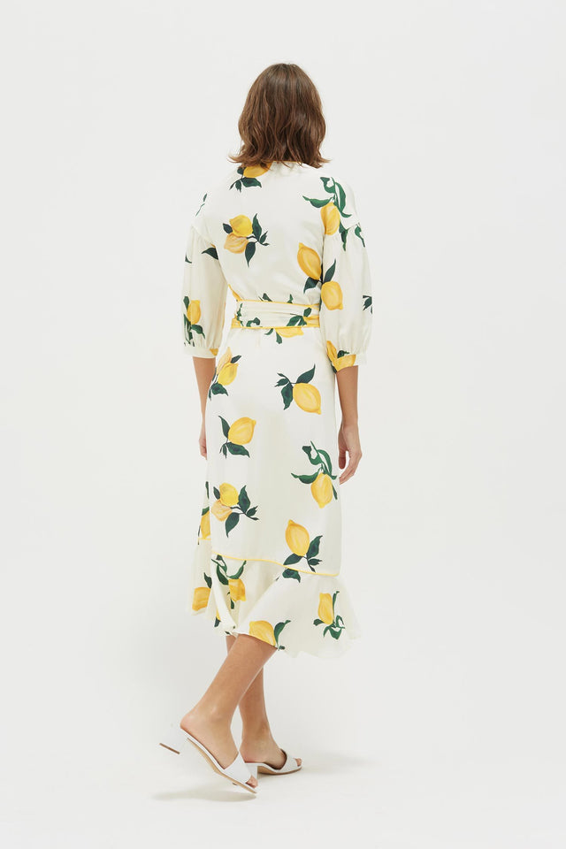 White Lemon Print Silk Wrap Dress image 6