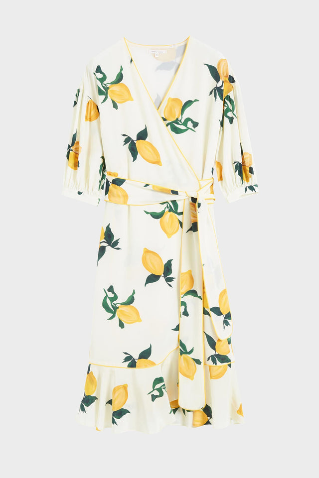 White Lemon Print Silk Wrap Dress image 2
