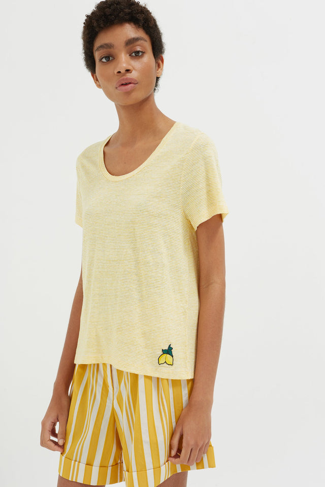 Yellow Striped Lemon Patch Linen Jersey T-Shirt image 1