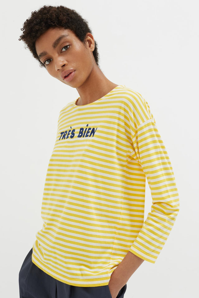 Yellow Striped Très Bien 3/4 Sleeve T-Shirt image 1